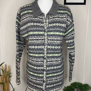 Vintage Item & Co 100% Wool Cardigan Green and Grey (M)